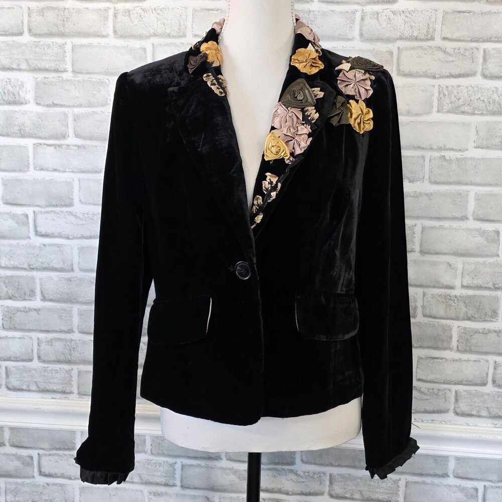 Vintage Silk Blend Black Velvet Jacket Ribbon Embroidered Dark Romantic Fairy M